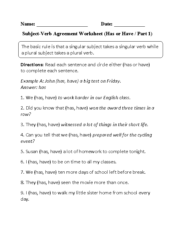 Subject Verb Agreement Worksheets For Grade 8