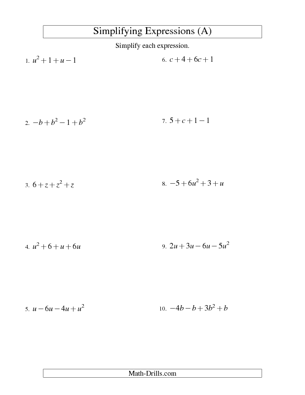 Simplifying Expressions Worksheet Algebra 1