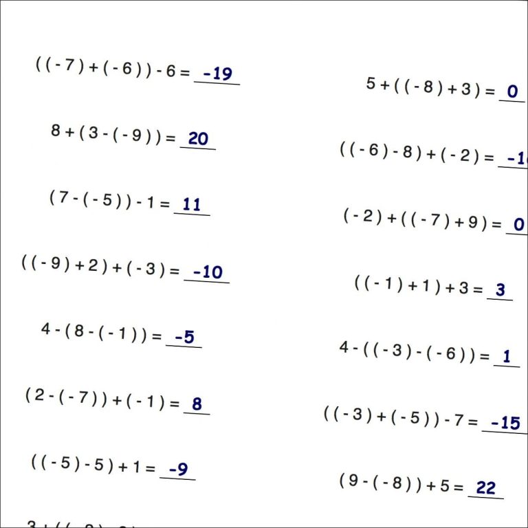 Negative Numbers Worksheet Answers