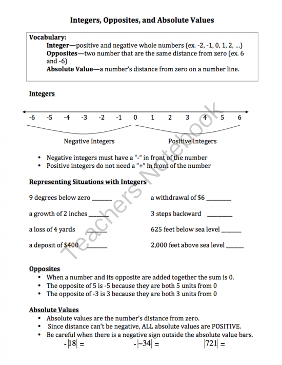 Absolute Value Worksheets 8th Grade