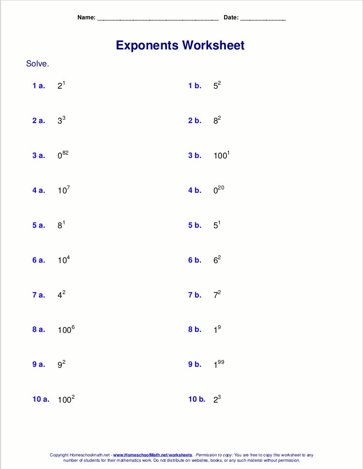 Exponents Worksheets Grade 8