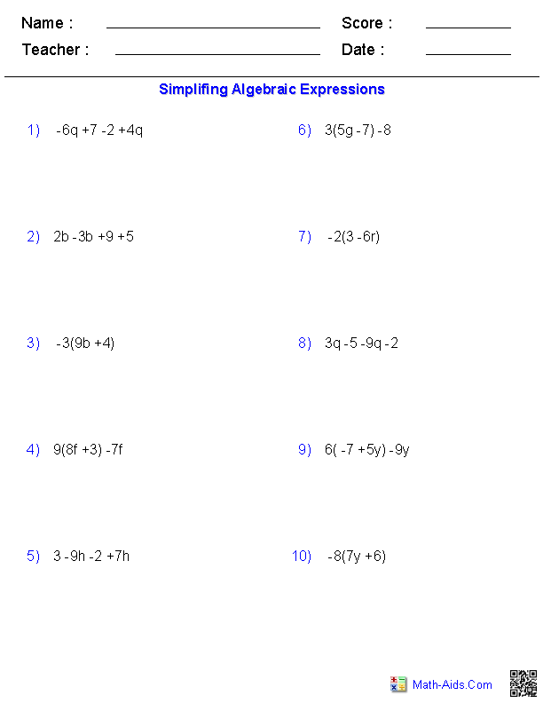 Simplifying Algebraic Expressions Worksheet Answers