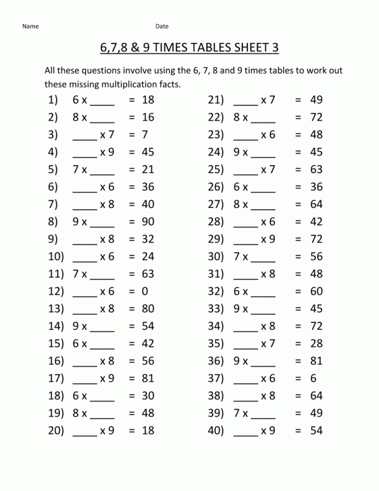 7 And 8 Times Table Worksheet