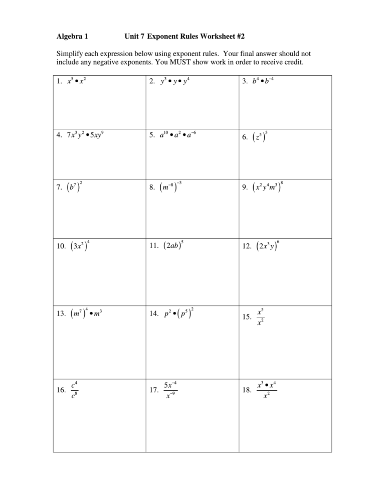 Printable Exponent Rules Worksheet