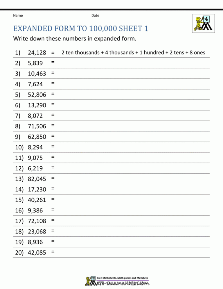 Number Names Worksheet For Grade 4