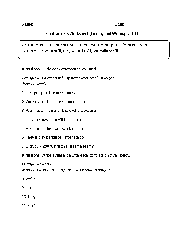 Contractions Worksheet Pdf