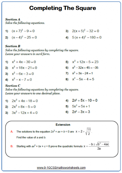 Completing The Square Worksheet Grade 9