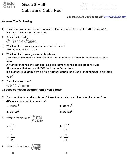 8th Grade Squares And Square Roots Class 8 Worksheet