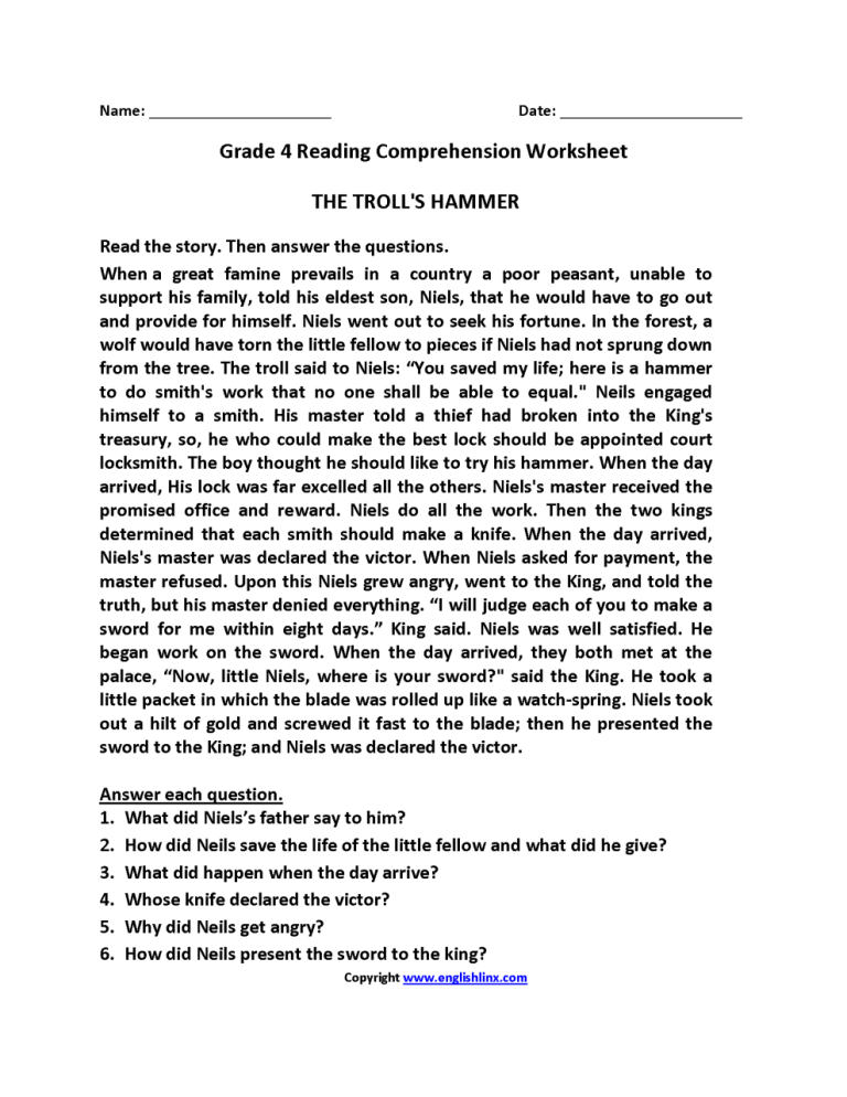 Comprehension For Class 6th