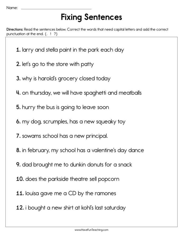 Sentence Correction Worksheets 6th Grade