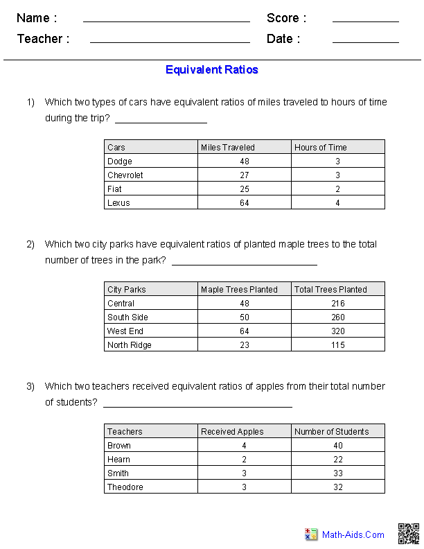 Grade 6 Math Worksheets Ratios