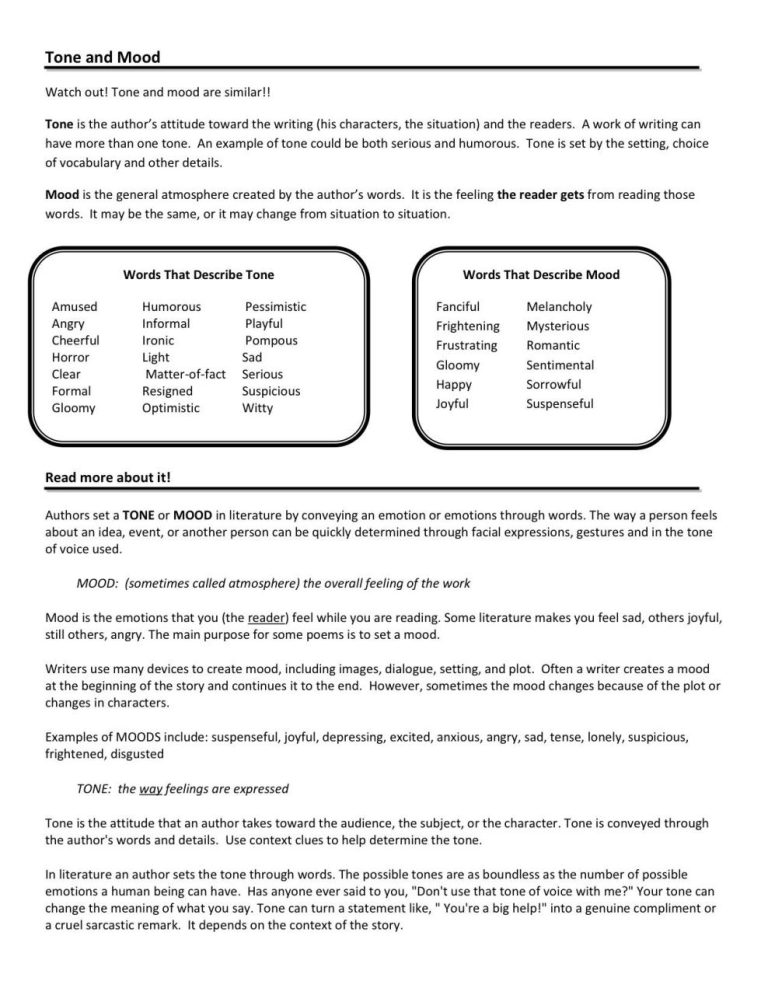 Tone And Mood Worksheet 7th Grade