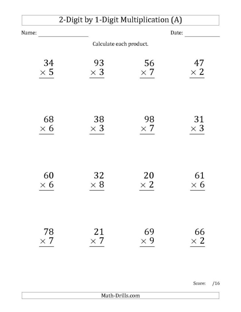 2 Digit By 1 Digit Multiplication Problems