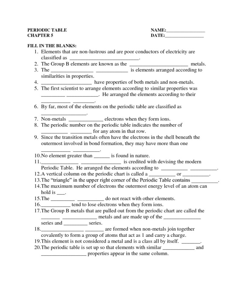 Periodic Table Trends Worksheet Answers