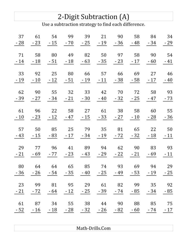 Math Drills Subtraction Worksheets