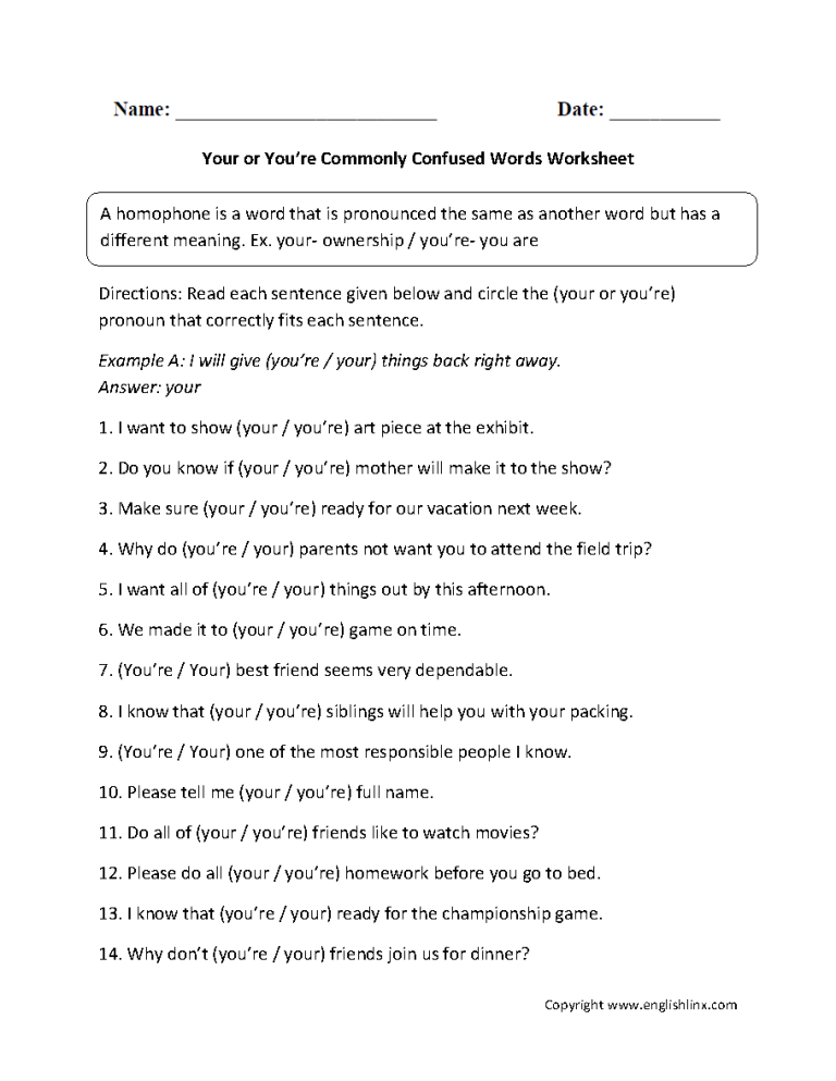 Printable Commonly Confused Words Worksheet