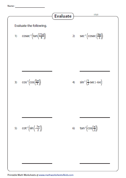 Inverse Trig Functions Worksheet