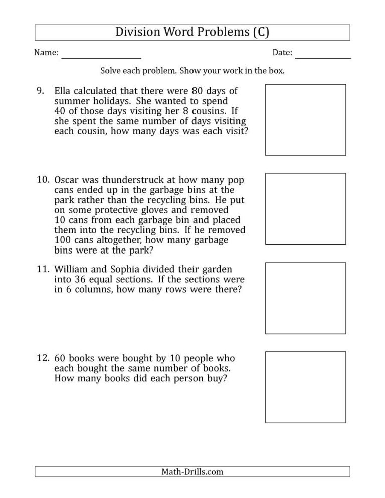 Division Word Problems 4th Grade