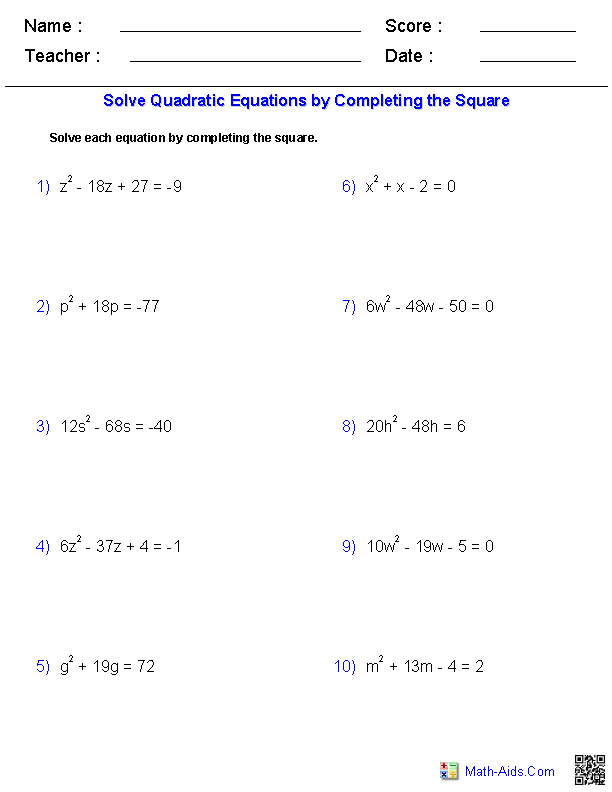 Quadratic Equation Worksheet