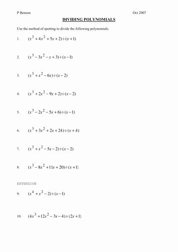 Dividing Polynomials Worksheet And Answers