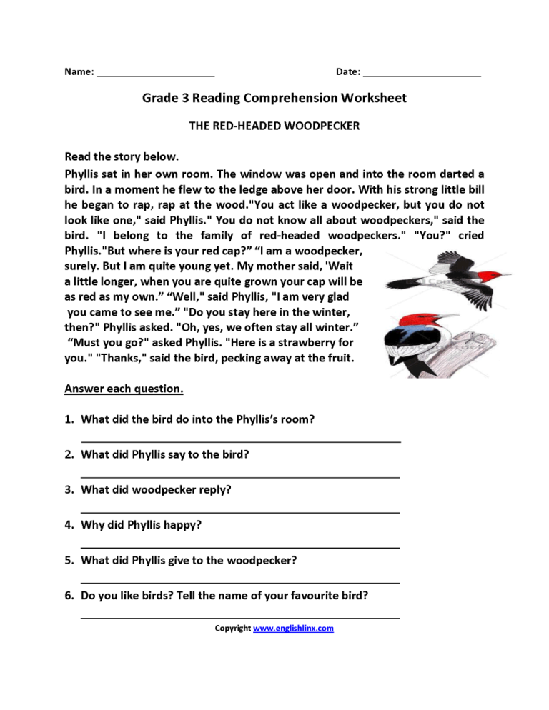 3rd Grade Worksheets Reading