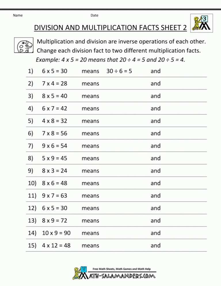 Multiplication And Division Worksheets 3rd Grade