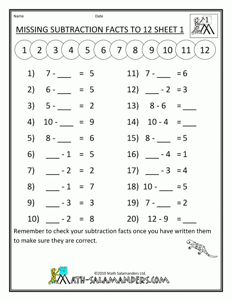 1st Grade Worksheets Subtraction