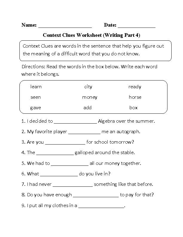 4th Grade Context Clues Worksheets Pdf