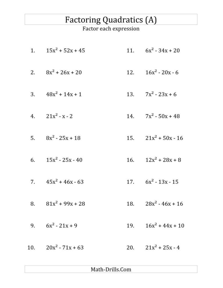 Factoring Quadratic Expressions Worksheet