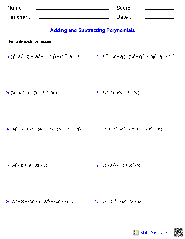 Adding And Subtracting Polynomials Worksheet With Answer Key Pdf