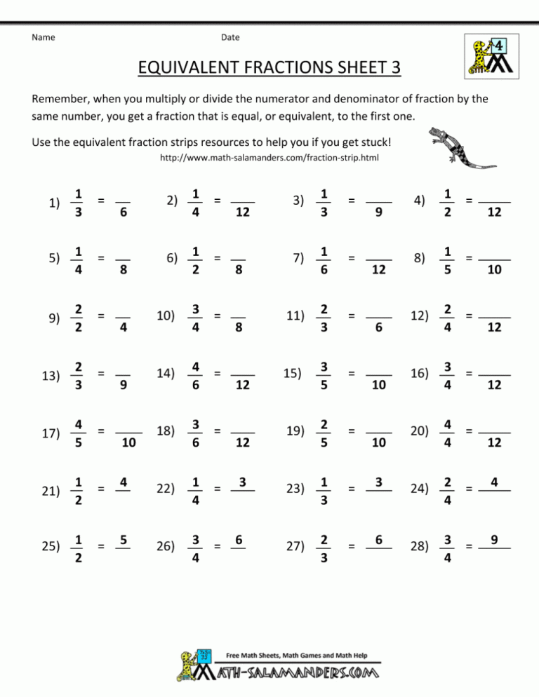 Equivalent Fractions Worksheet 7th Grade