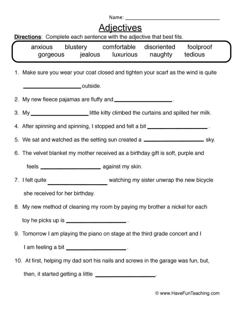 Grade 5 English Worksheets Adjectives