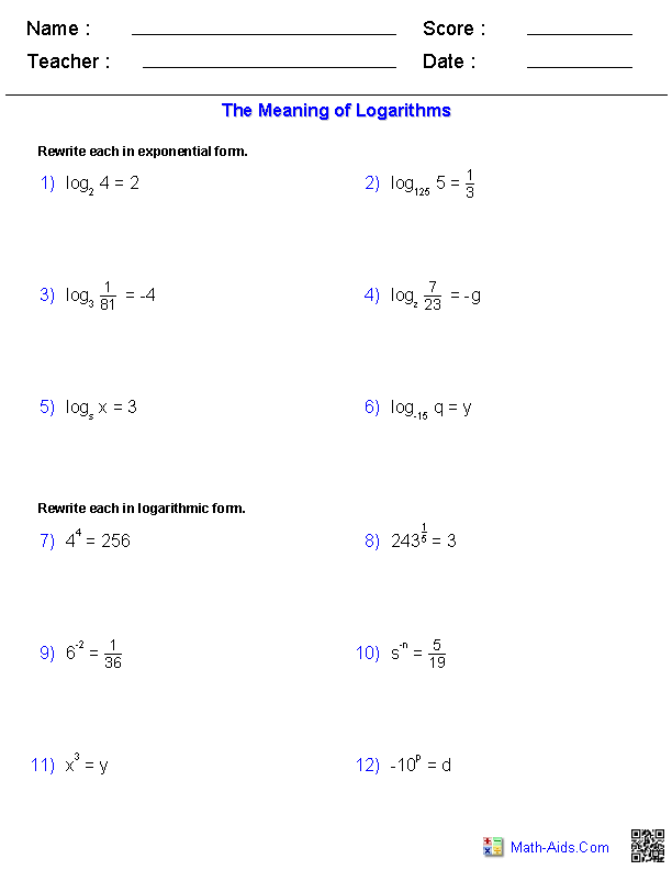 Logarithm Worksheet With Answers Pdf