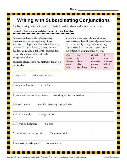 Subordinating Conjunctions Worksheet 5th Grade