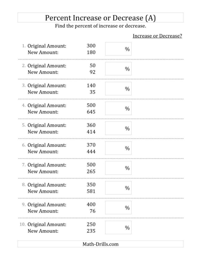 Percentage Increase And Decrease Worksheet With Answers