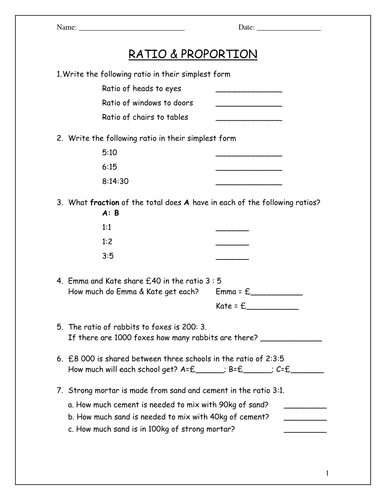 Ratio And Proportion Worksheet