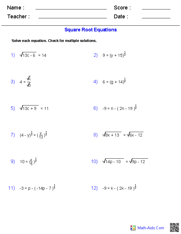 Solving Radical Equations Worksheet Answers