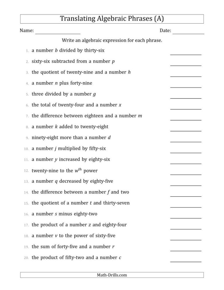 Writing Algebraic Expressions Worksheet Answer Key