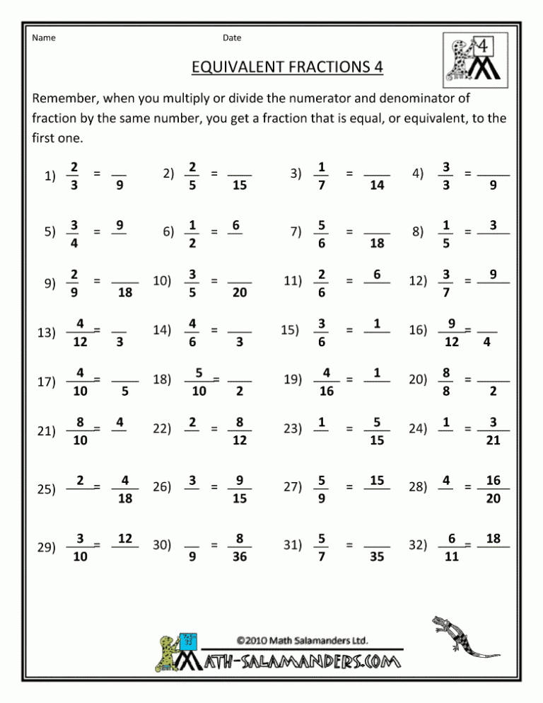 Fraction 4th Grade Math Worksheets Pdf