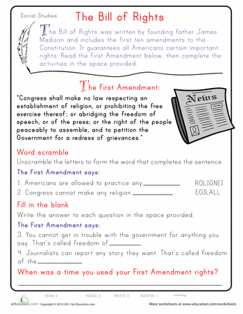 Bill Of Rights Worksheet For Kids