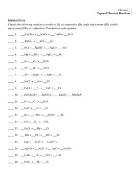 Chemistry Single Replacement Reaction Worksheet