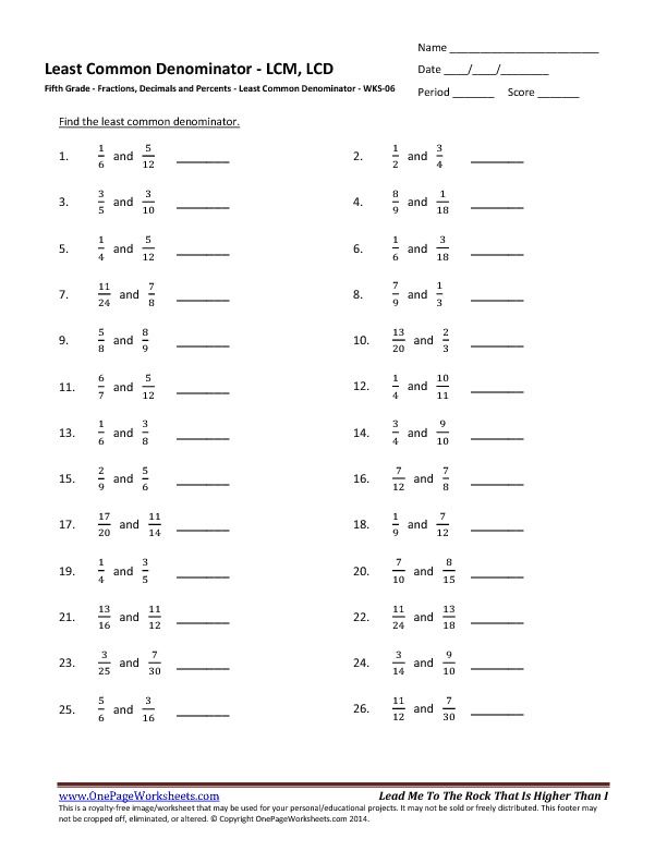 Finding Least Common Denominator Worksheet