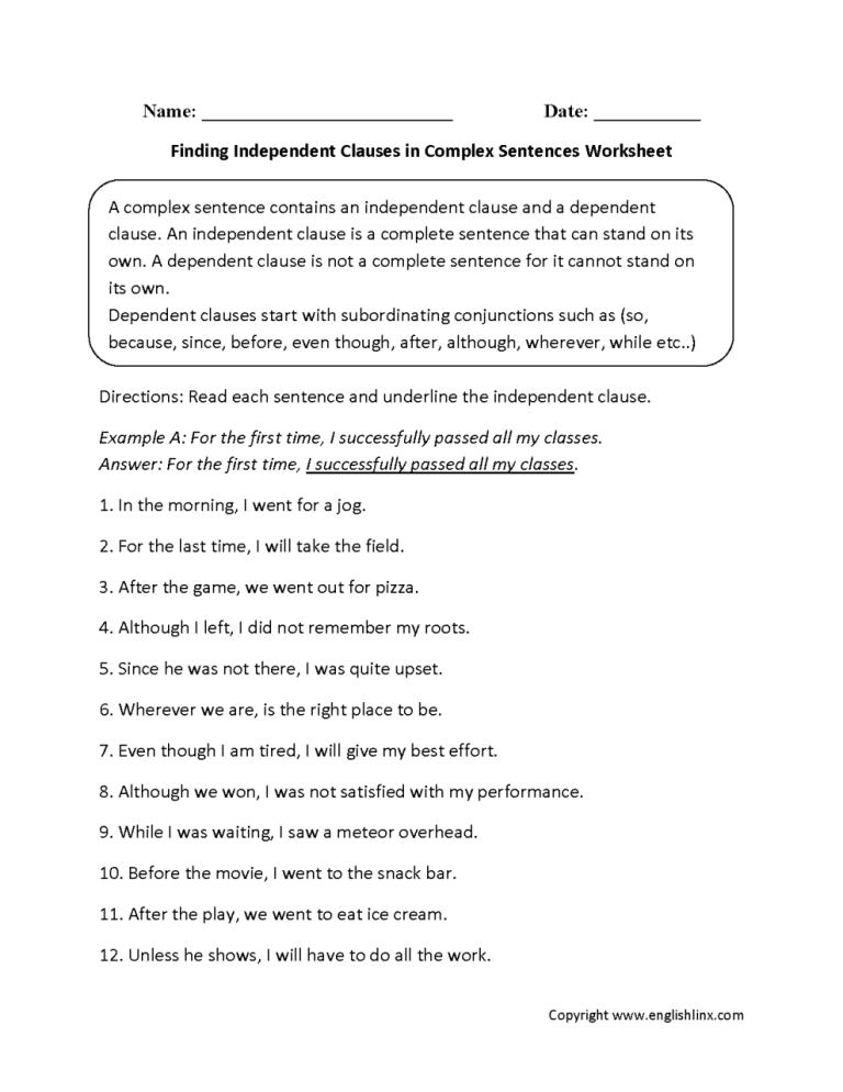 Independent And Dependent Clauses Worksheet With Answers