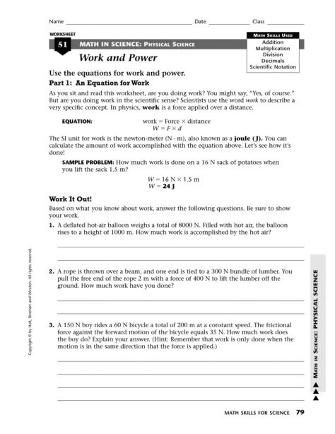 Work And Power Worksheet Answer Key Physical Science