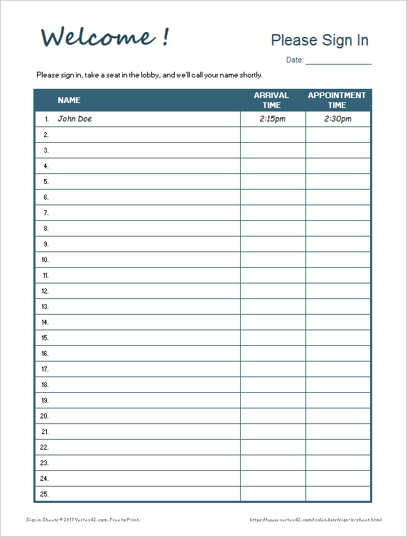 Printable Sign In Sheet Sample