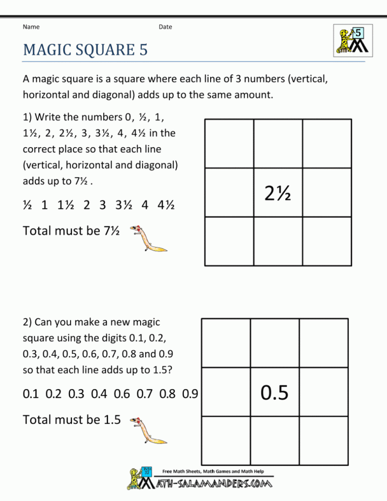 Addition Magic Squares Worksheet