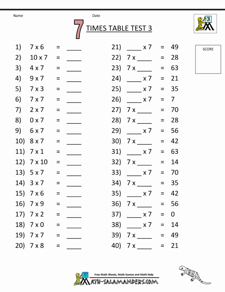 7 Times Table Worksheet