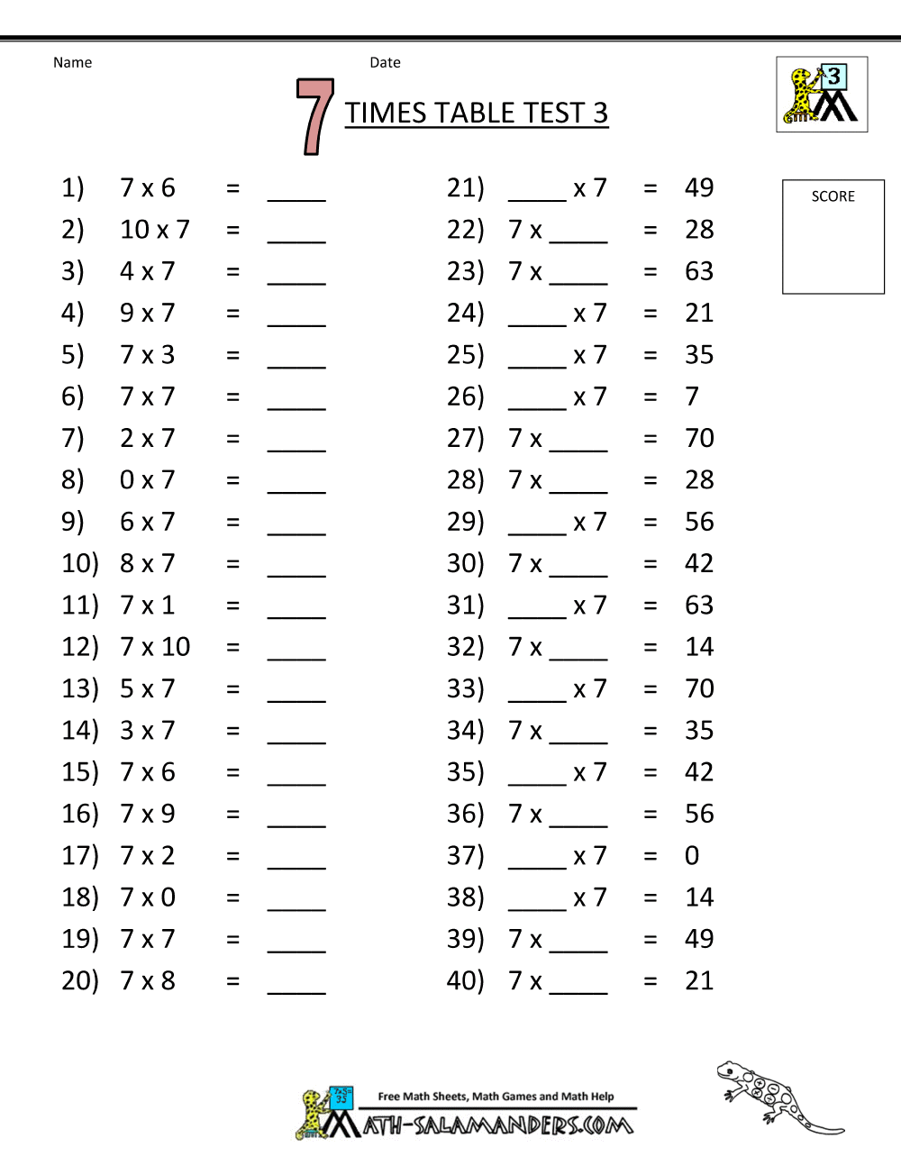 7 Times Table Worksheet