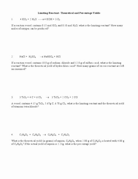 Limiting And Excess Reactants Worksheet