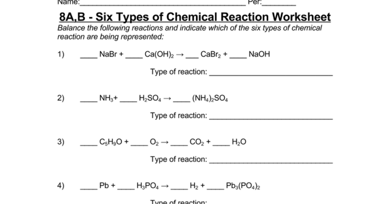 Chemical Reactions Worksheet Pdf